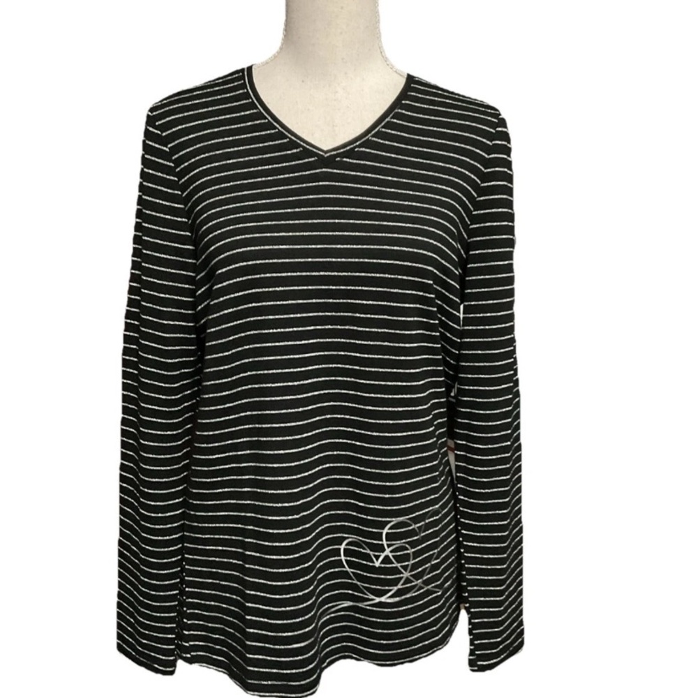 Coco Y Club Chic Striped Long Sleeve Women's T Shirt Metallic Silver Size Medium